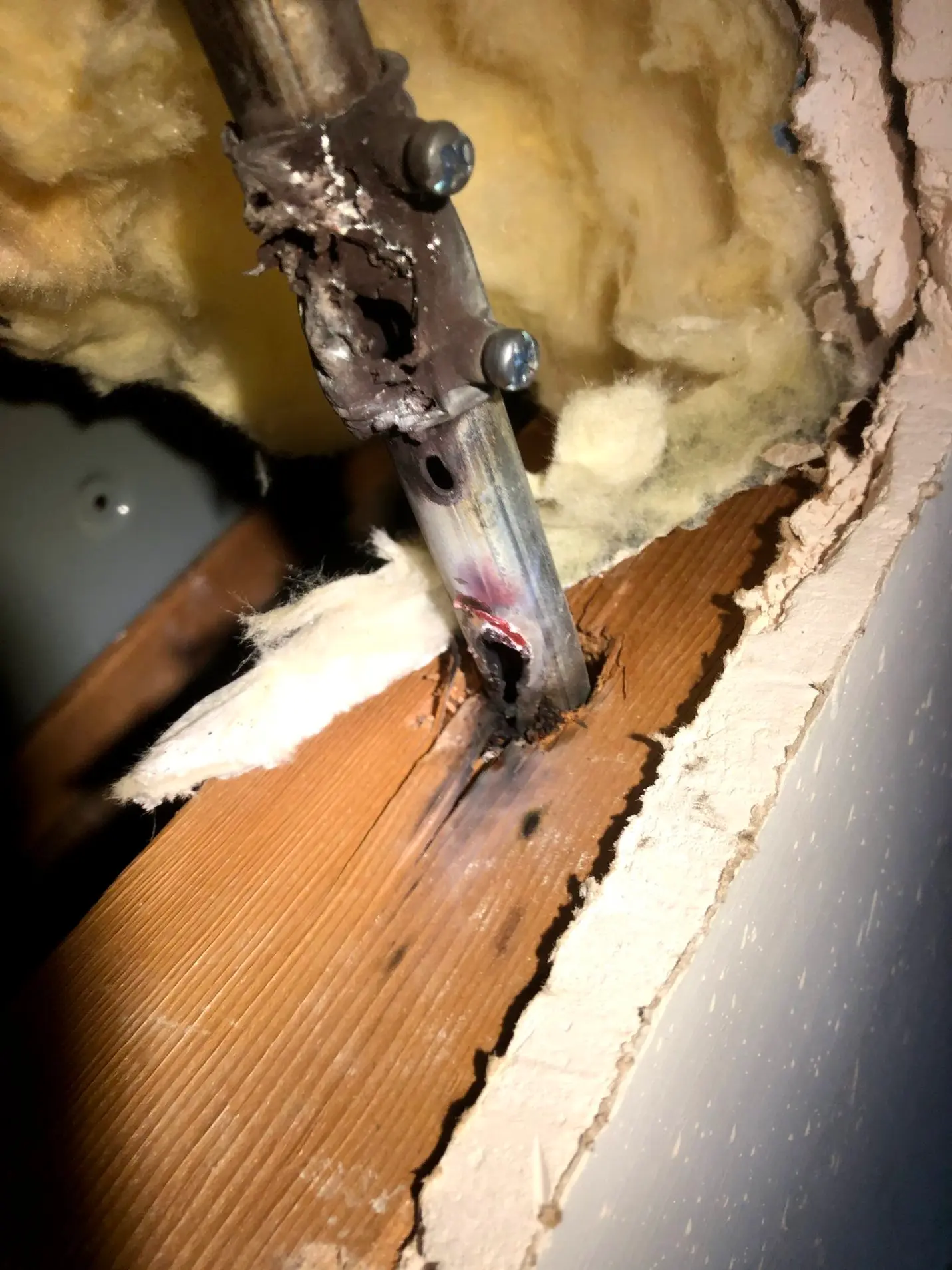 Damaged wire in conduit where the conductor was nicked and grounded against the pipe