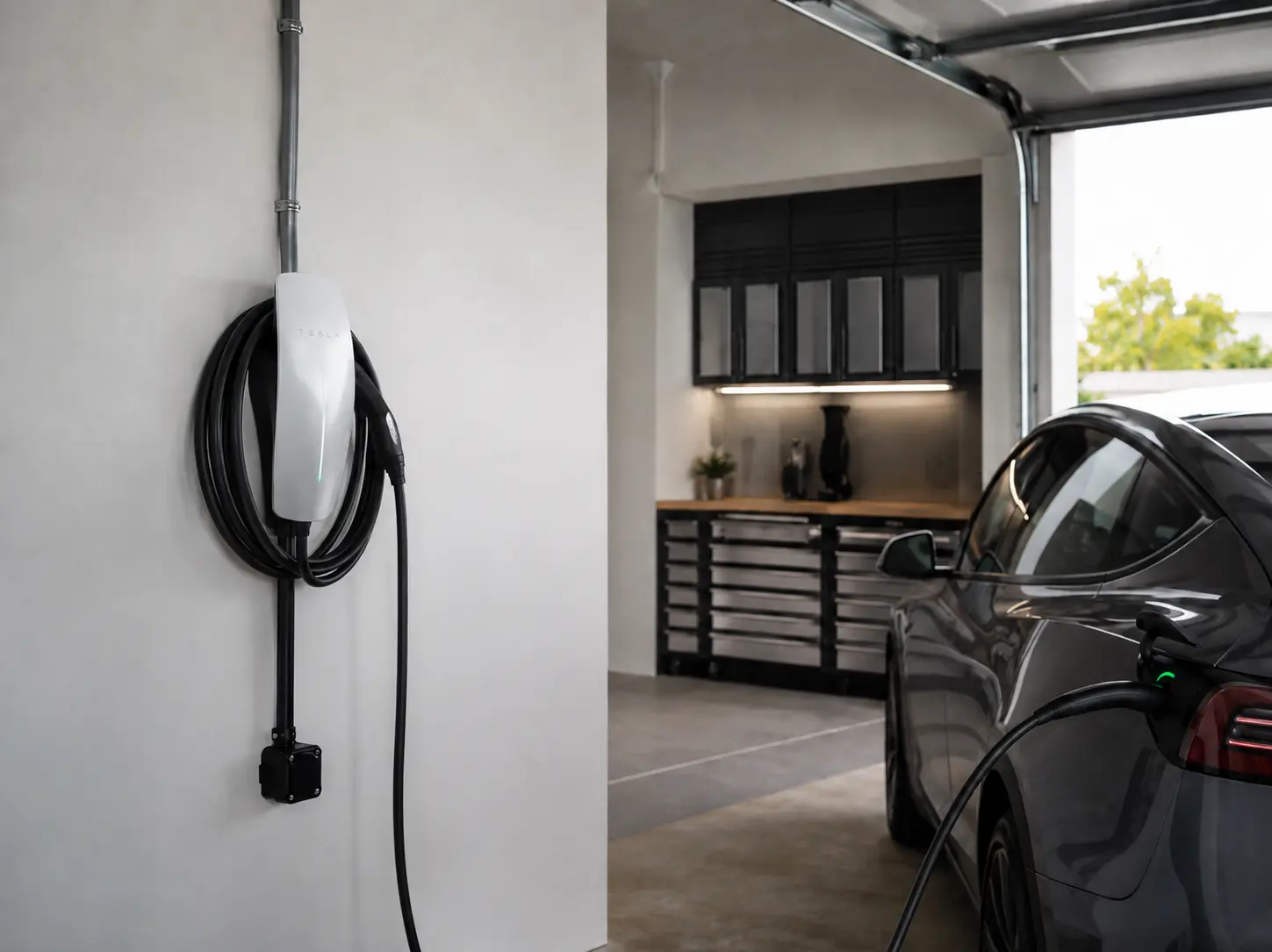 EV charger installation in League City garage by Houston Gulf Electric