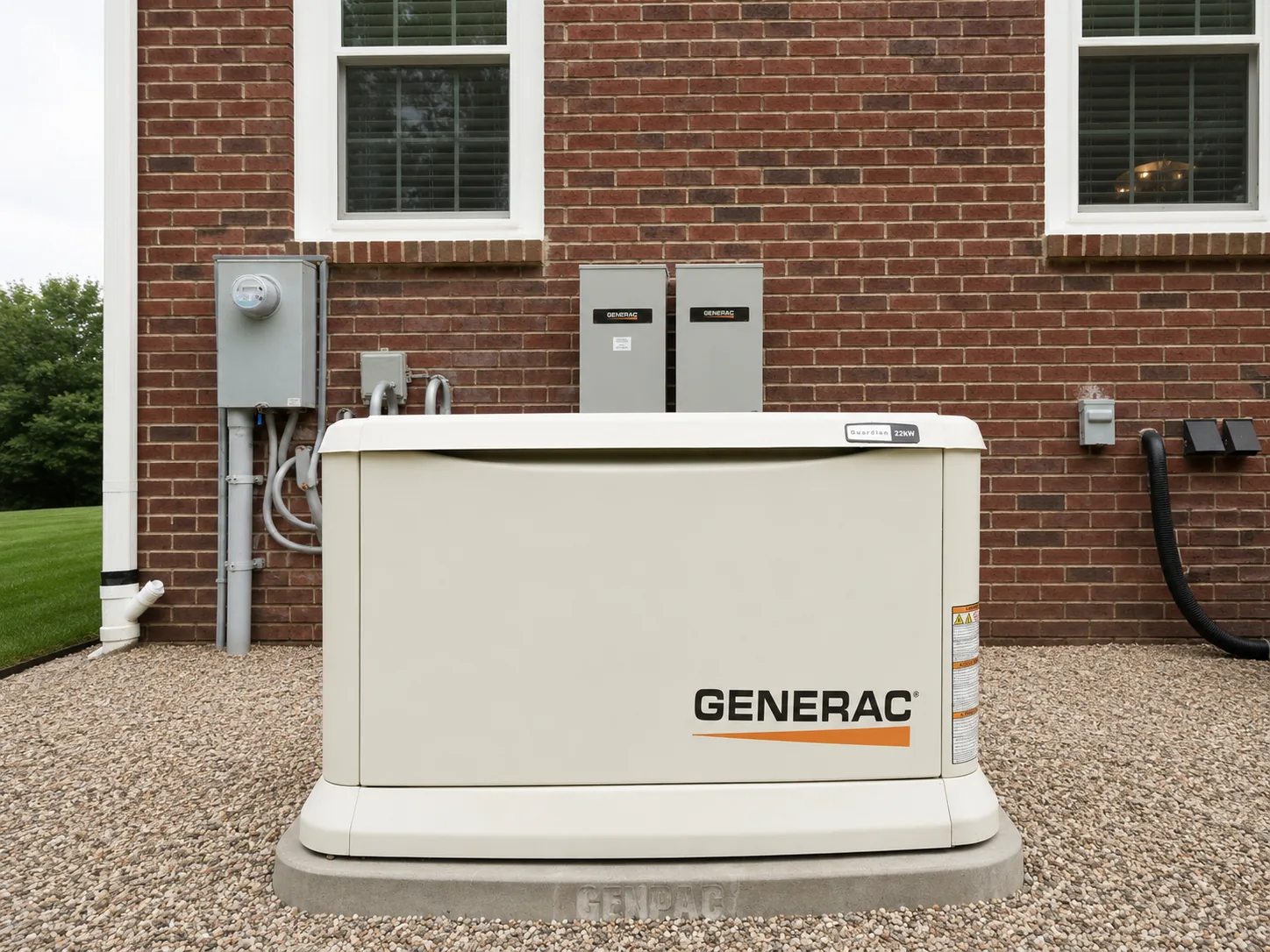 Residential Generac generator installation near brick home