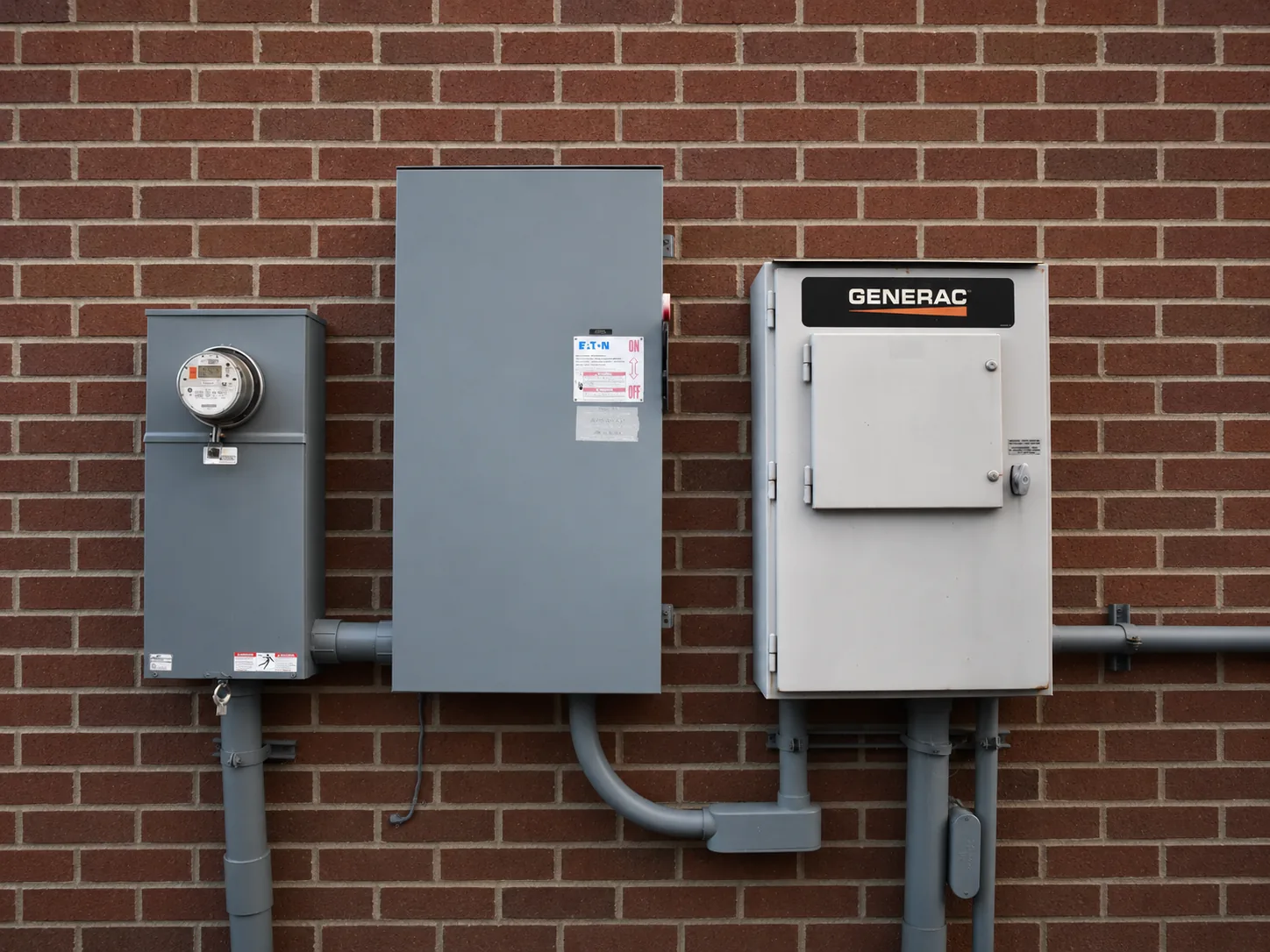 Generator transfer switch mounted on an exterior brick wall.