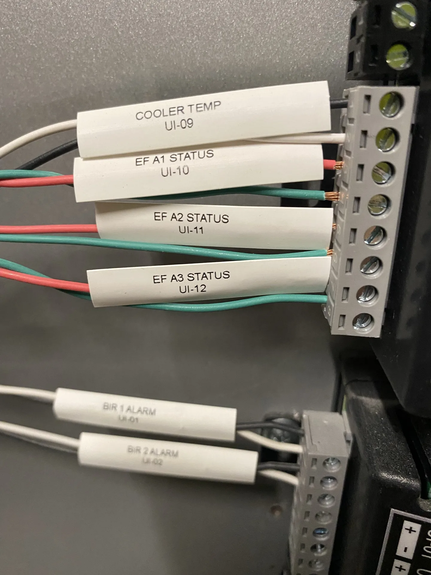 Labeled low-voltage wiring terminated inside a structured wiring enclosure.