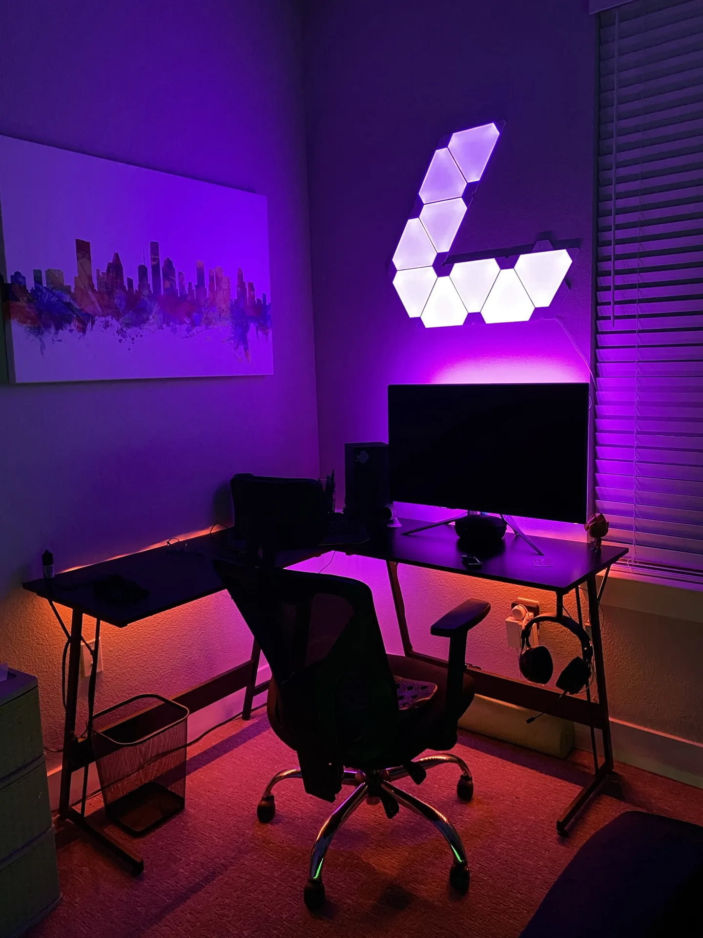 Interior room with dramatic colored lighting installed.