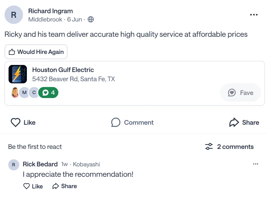 Reviews 2 Nextdoor recommendation for Houston Gulf Electric from Richard Ingram saying Rick and his team deliver accurate high quality service.