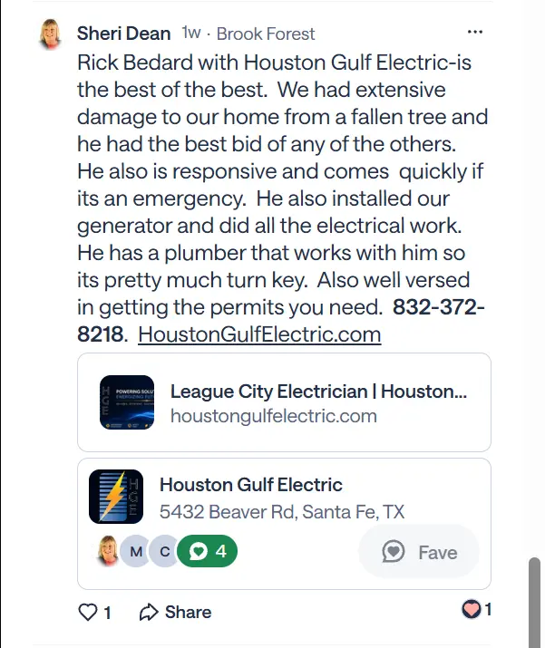 Reviews 1 Nextdoor recommendation for Houston Gulf Electric from Sheri Dean mentioning fallen tree damage, generator installation, electrical work, permits, and emergency response.