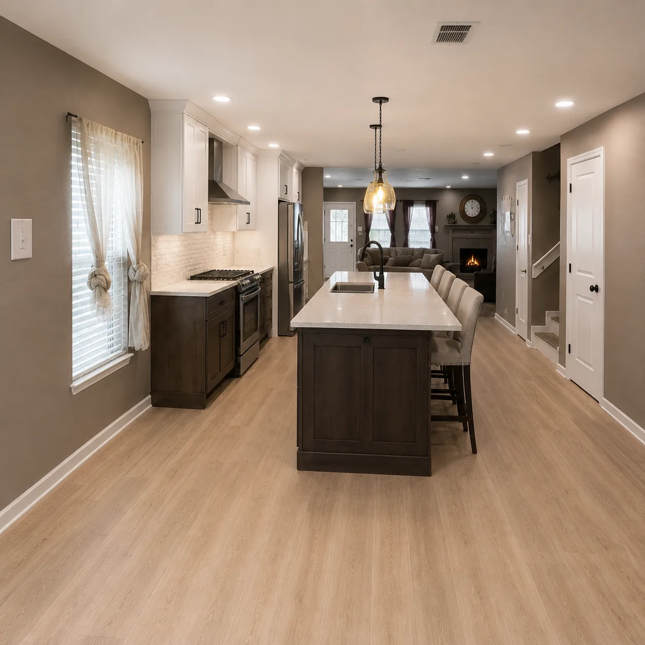 Finished remodeled kitchen and living area viewed from another angle.