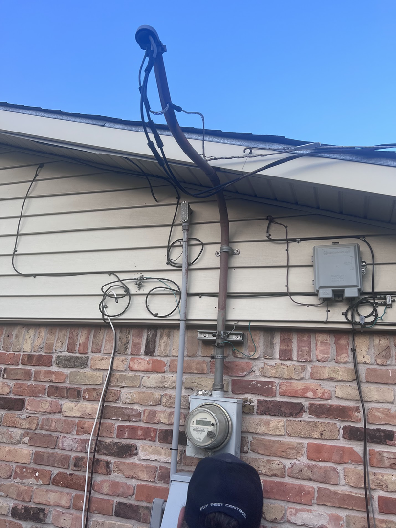 Overhead electrical service, weatherhead, meter and service equipment on a Houston-area home
