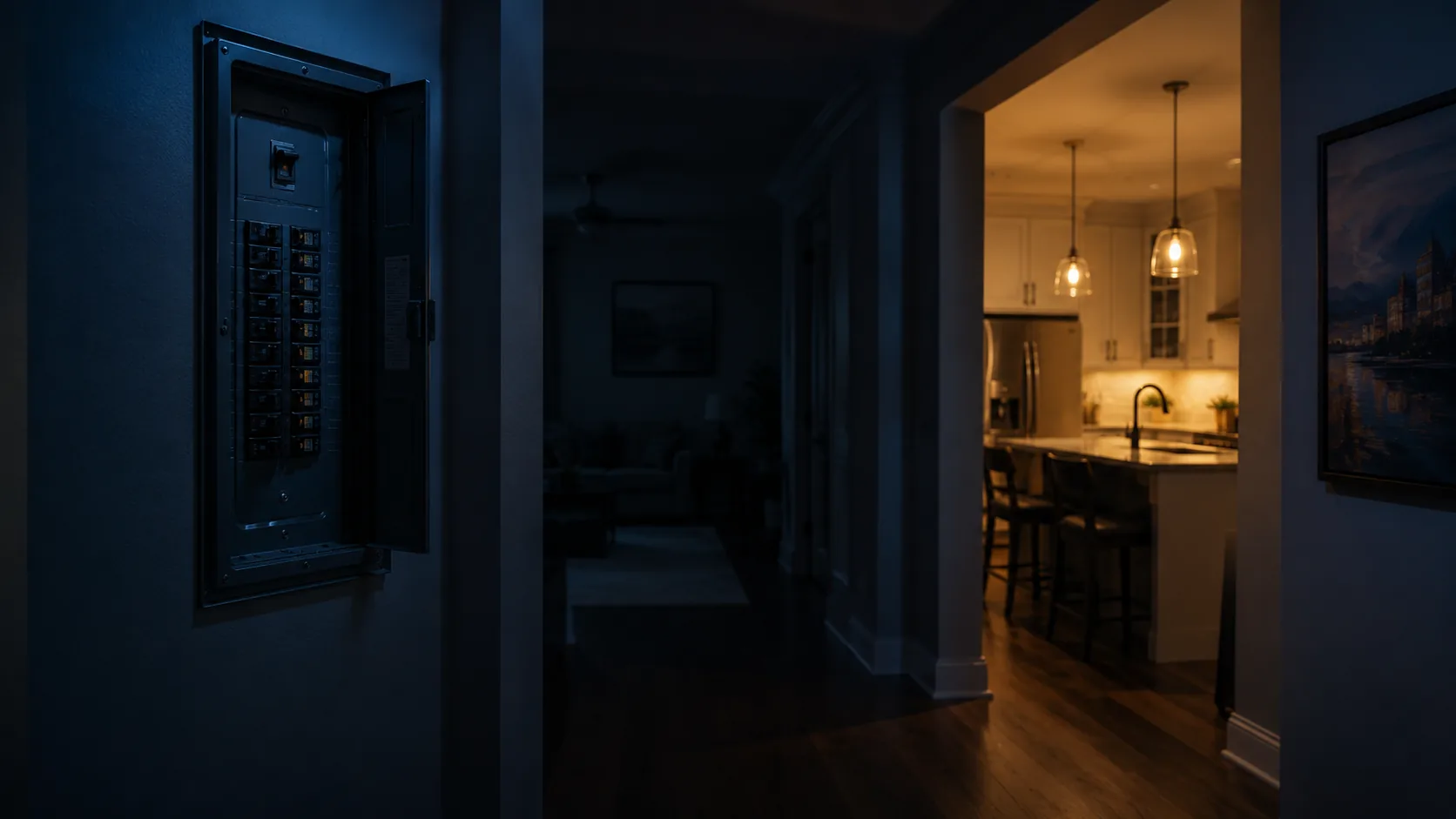 Electrical panel in a dark hallway after part of house lost power
